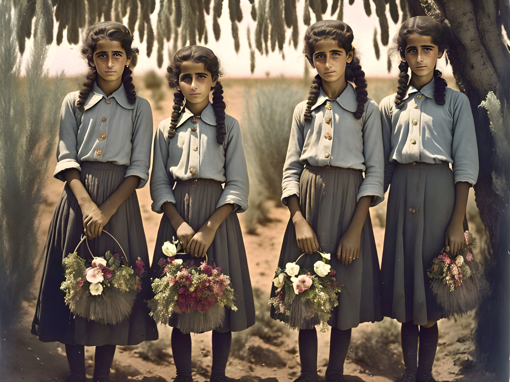 Vintage Attired Girls Holding Flower Bouquets Outdoors