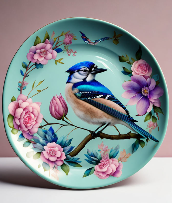 Colorful Blue Jay Perched on Branch Decorative Plate with Floral Design
