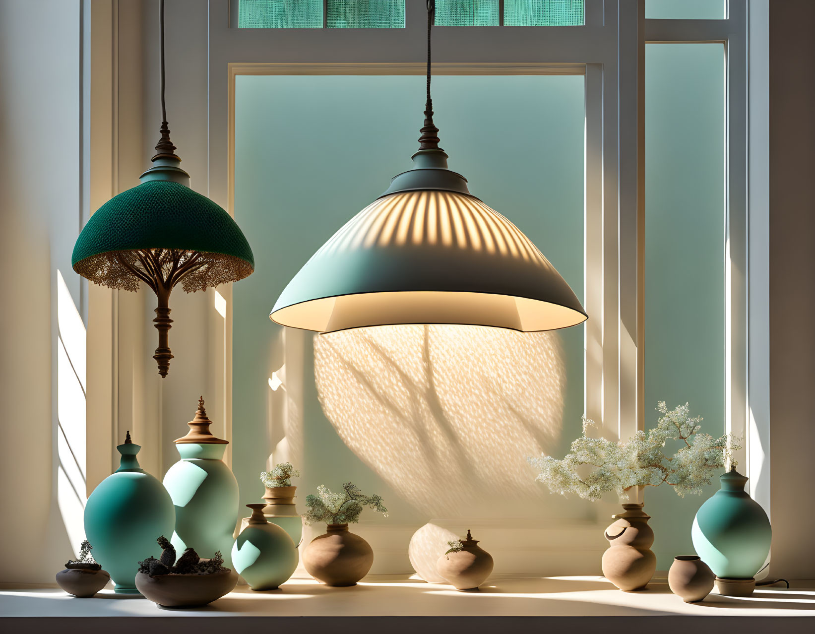 Elegant turquoise vases with white flowers under sunlight and hanging lamps