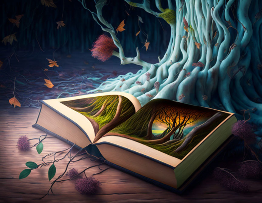 Open Book Transforms into Vibrant Tree Landscape in Mystical Forest