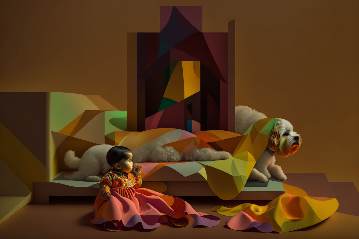 Abstract art with child and dog in colorful geometric setting