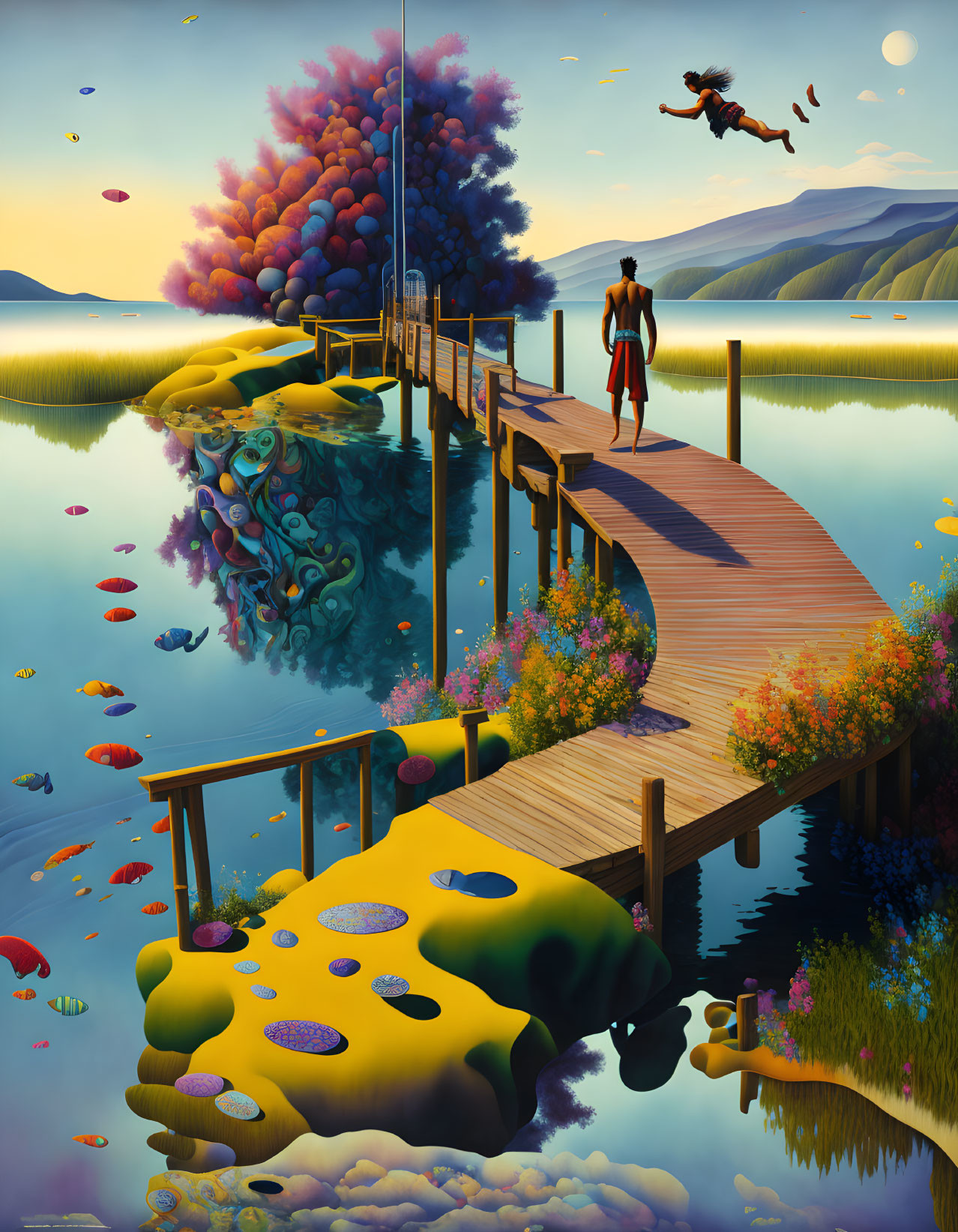 Colorful Surreal Landscape: Person Diving from Jetty