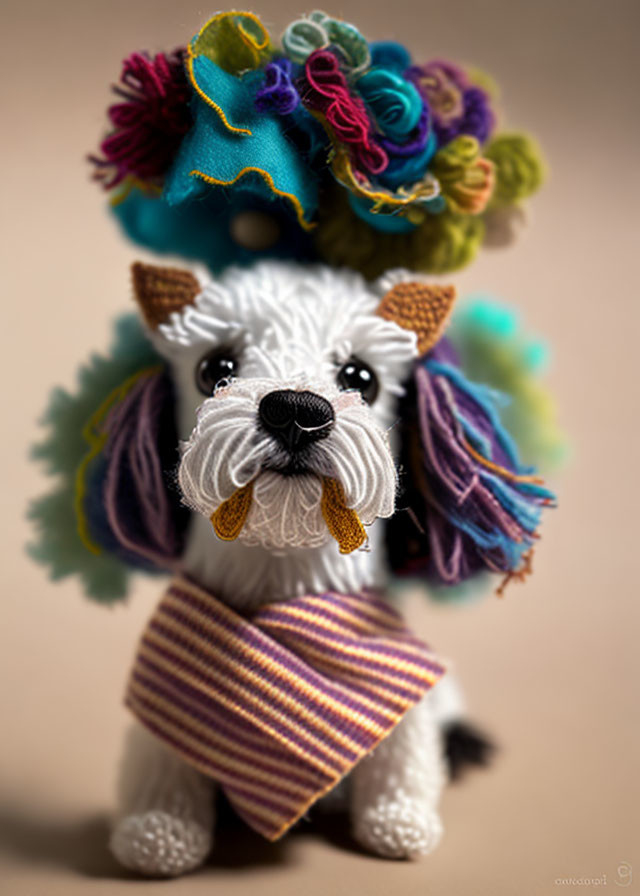 Whimsical white dog in striped scarf and colorful hat