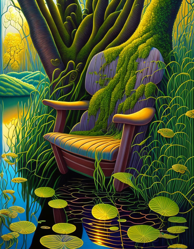 Vibrant chair in lush forest with water lilies and reflective water