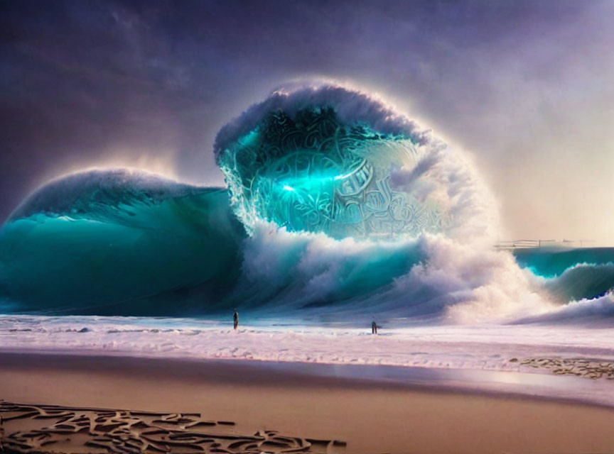Surreal image of luminous teal waves about to crash on serene beach