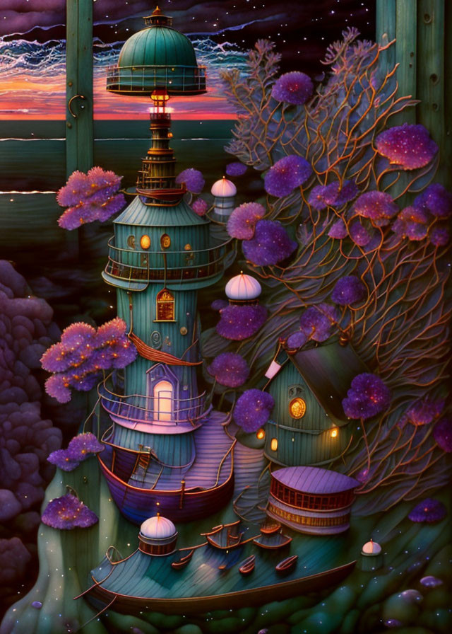 Fantasy treehouse with lanterns and bridges in twilight sky over calm sea