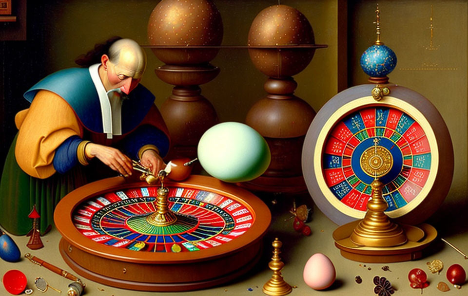 Colorful Bald Figure Manipulating Roulette Wheel with Eggs and Spheres