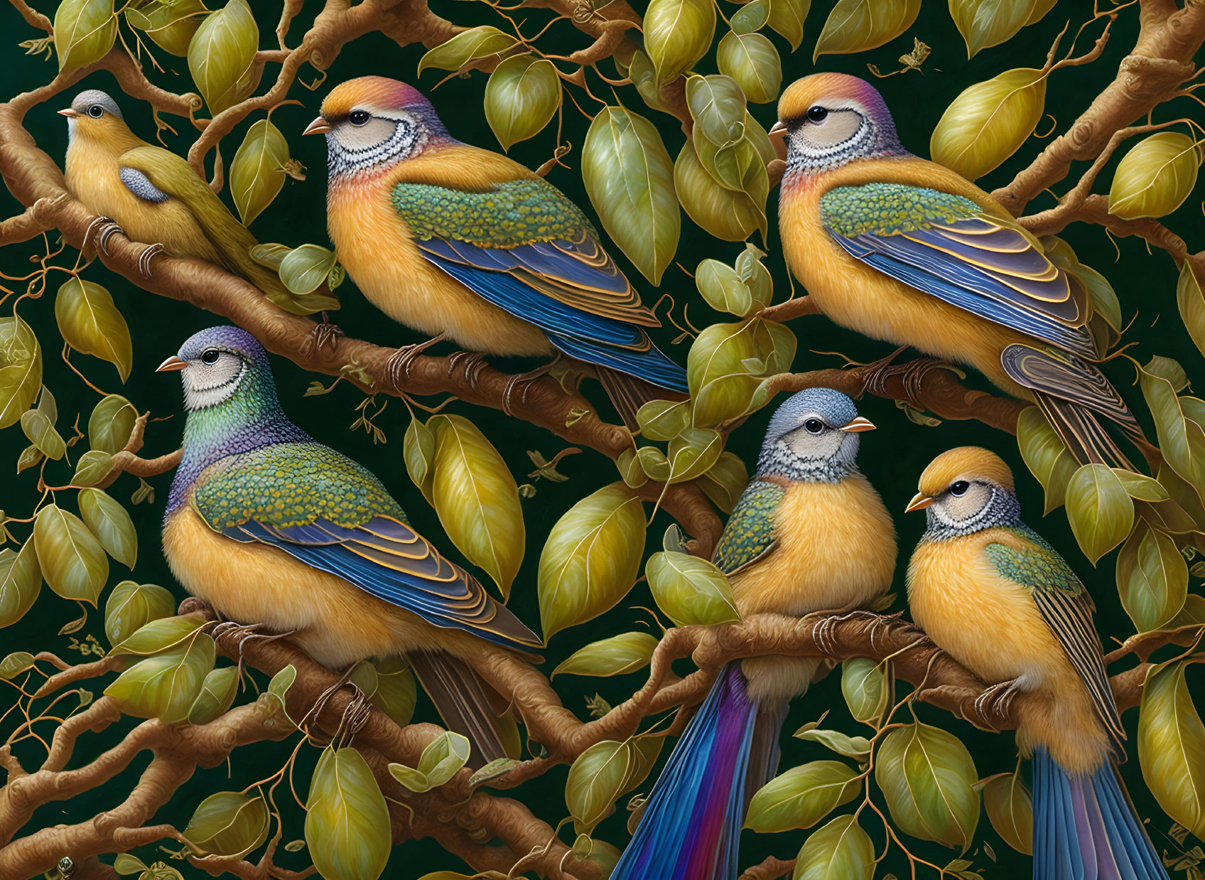 Vibrant Exotic Birds on Branches in Green Foliage