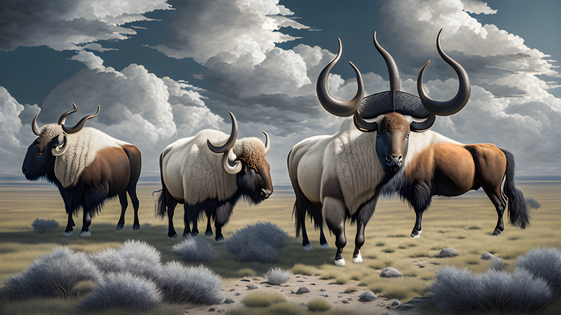 Realistic antelopes with large curved horns on grassy plain