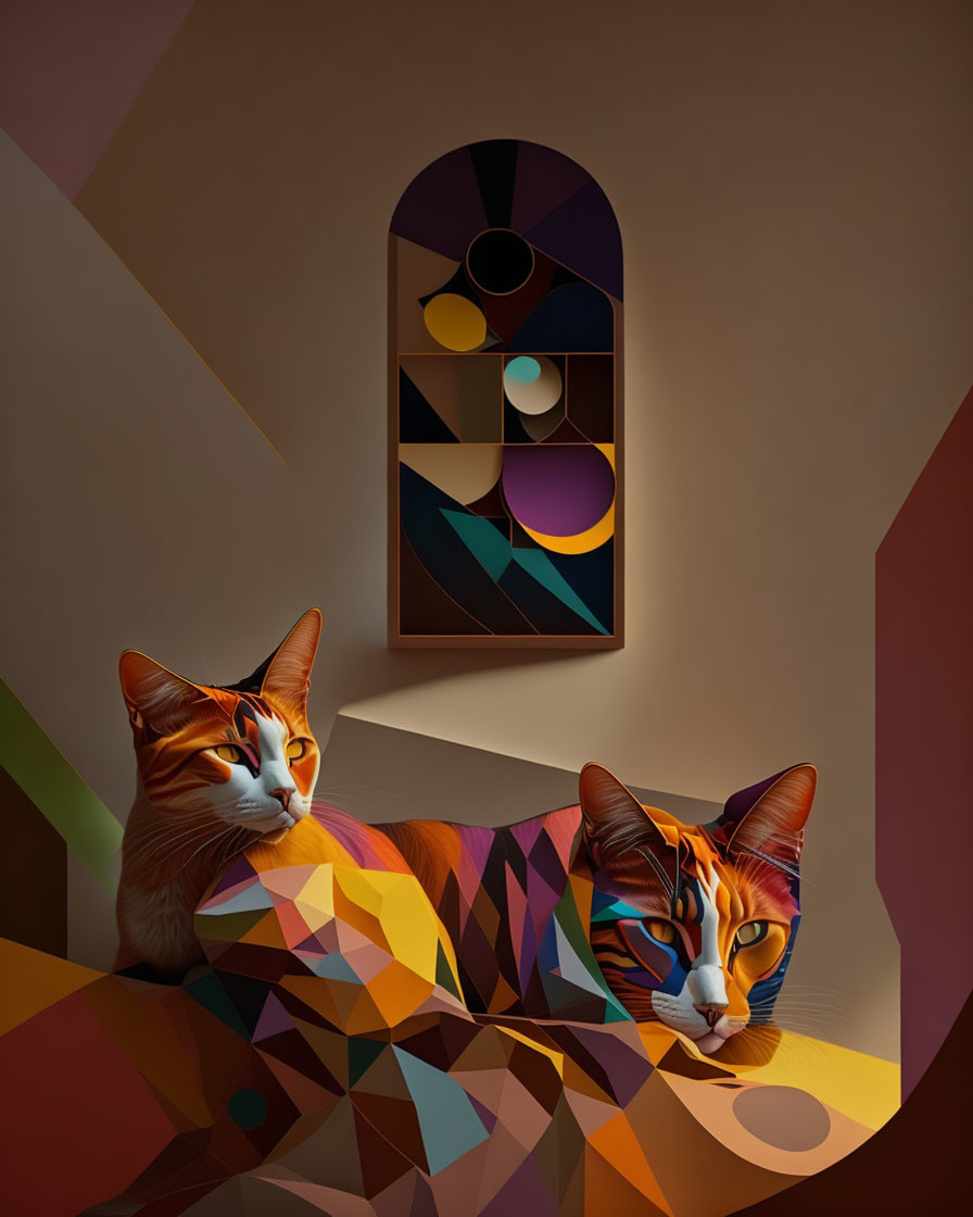Stylized cats with geometric pattern in colorful room with abstract window