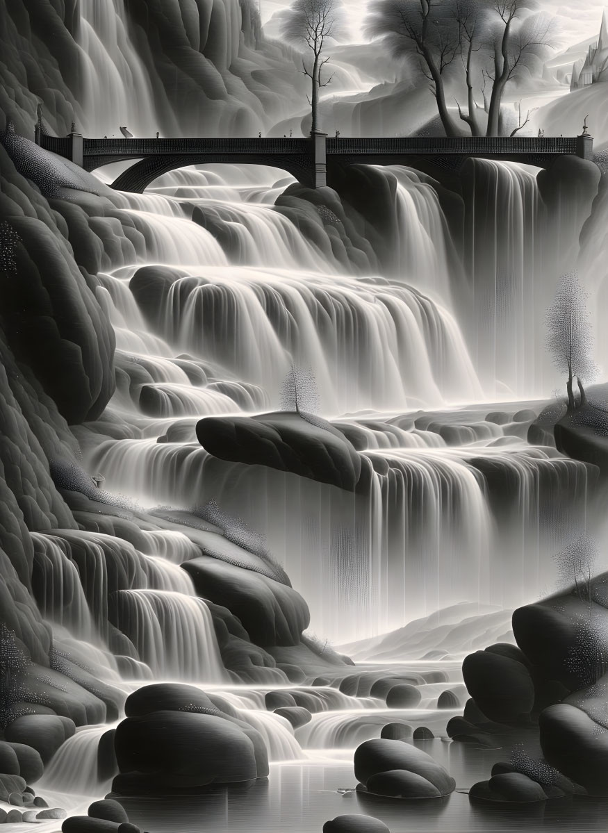 Monochrome landscape: cascading waterfall, smooth rocks, bridge, silhouetted trees.