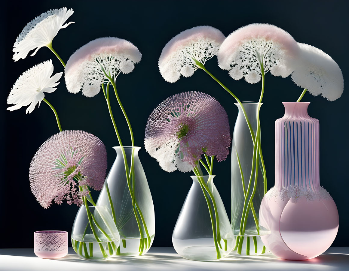 Translucent flowers in delicate vases on reflective surface