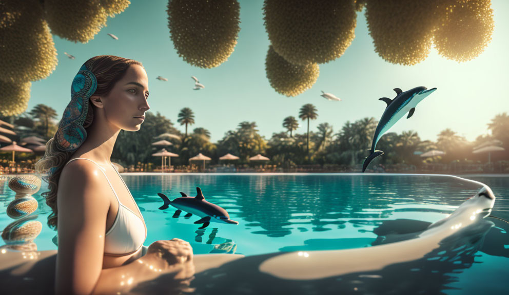 Woman in Swimsuit by Pool with Leaping Dolphins, Hanging Garden Pods, and Birds in Tropical