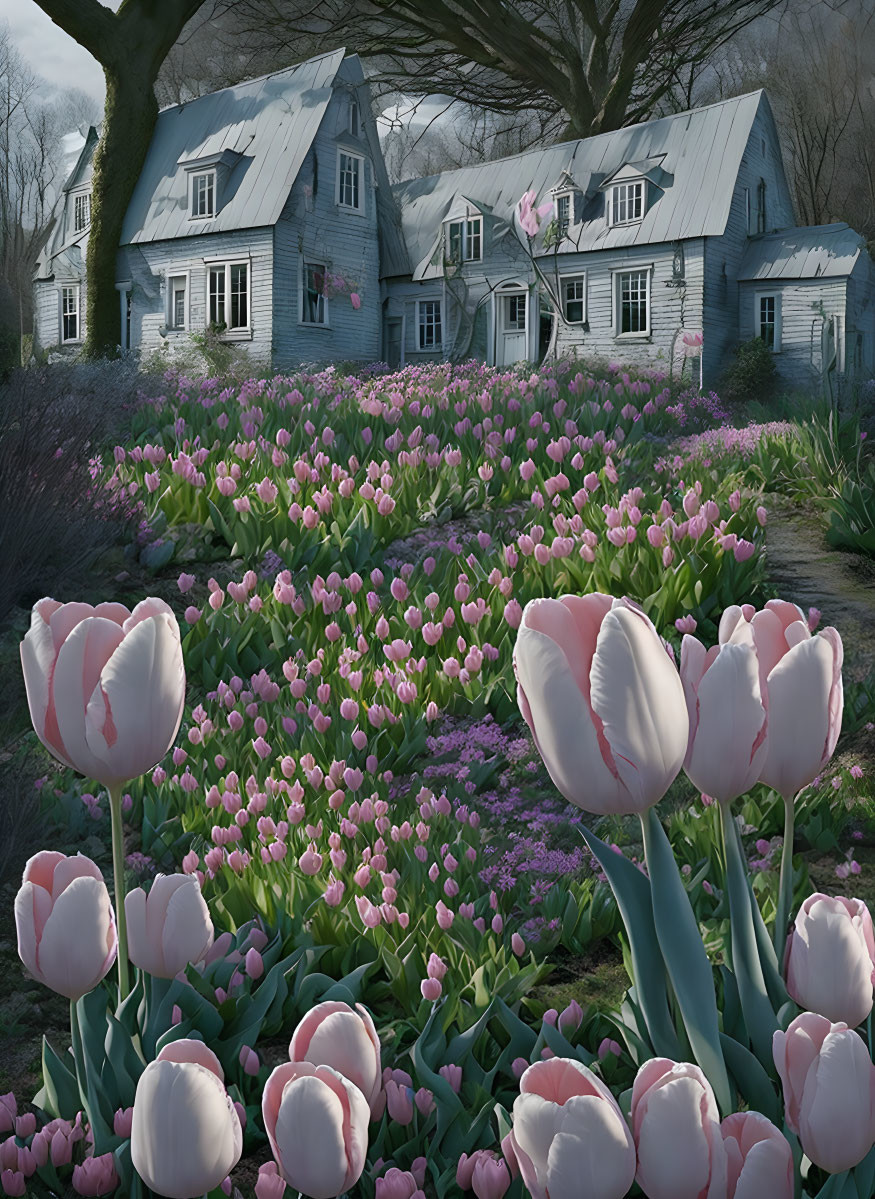 Blue House with Pink and White Tulip Garden under Cloudy Sky