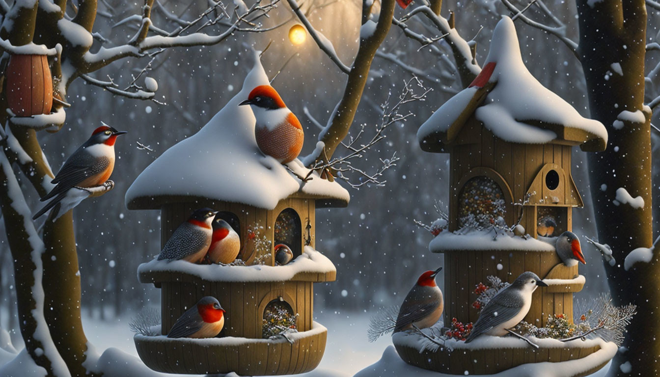 Snow-covered birdhouses with red-breasted birds in serene winter forest scene.