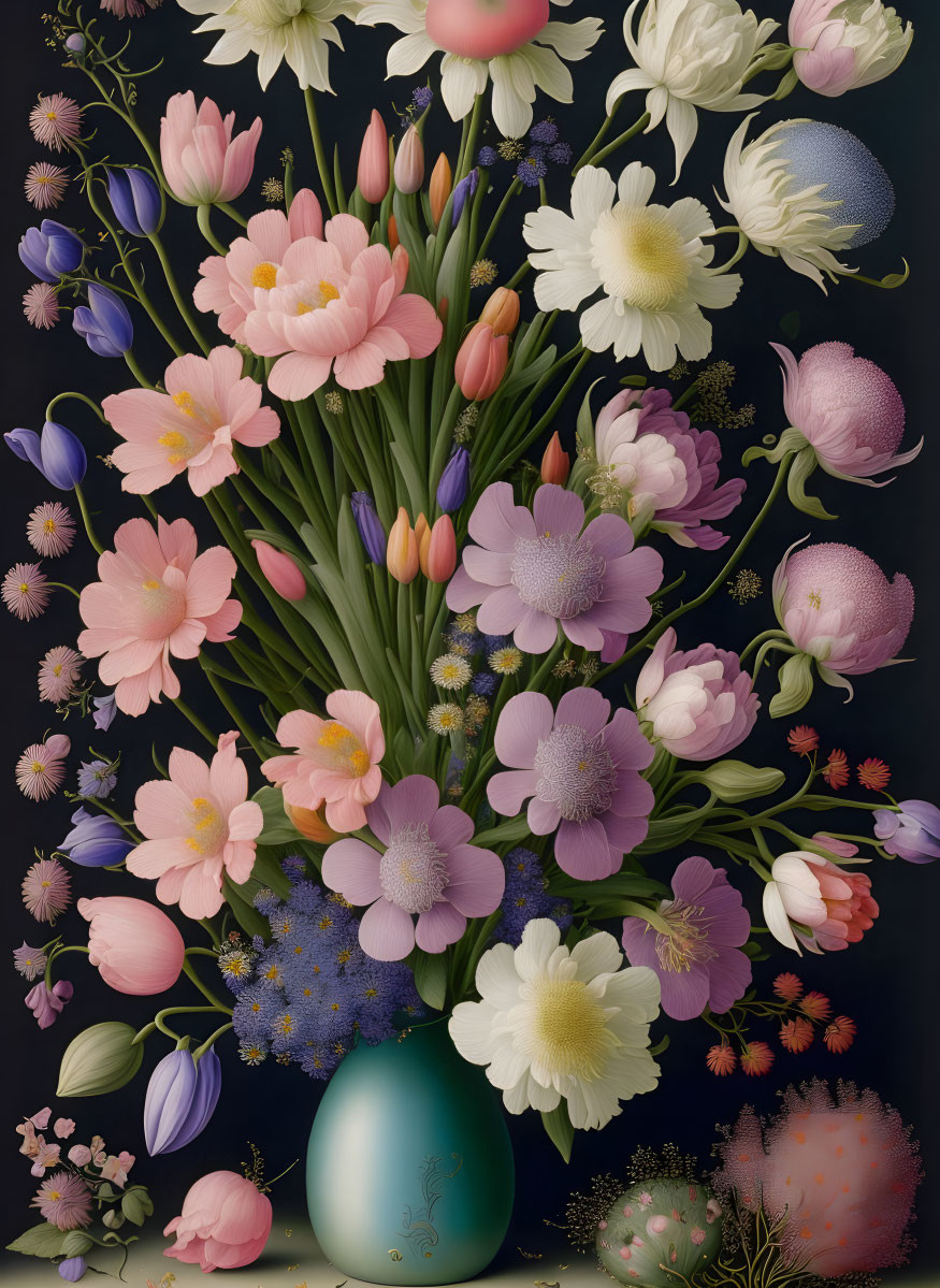 Colorful mixed flower bouquet in pastel hues in blue vase on dark backdrop