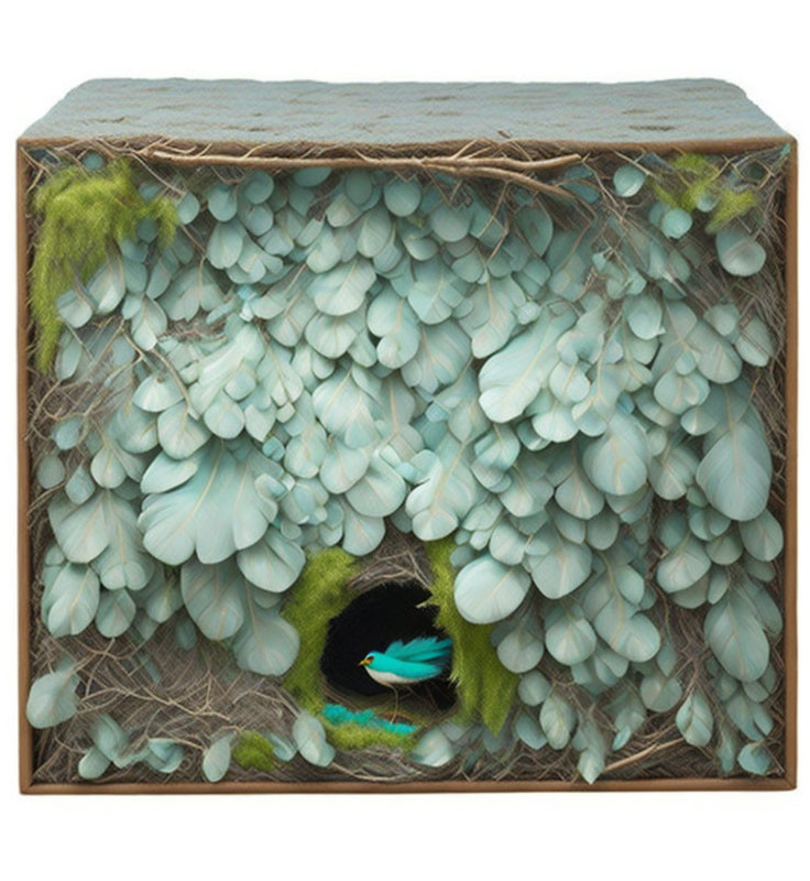 Surreal image: Box with blue feathers nest & small bird, green moss