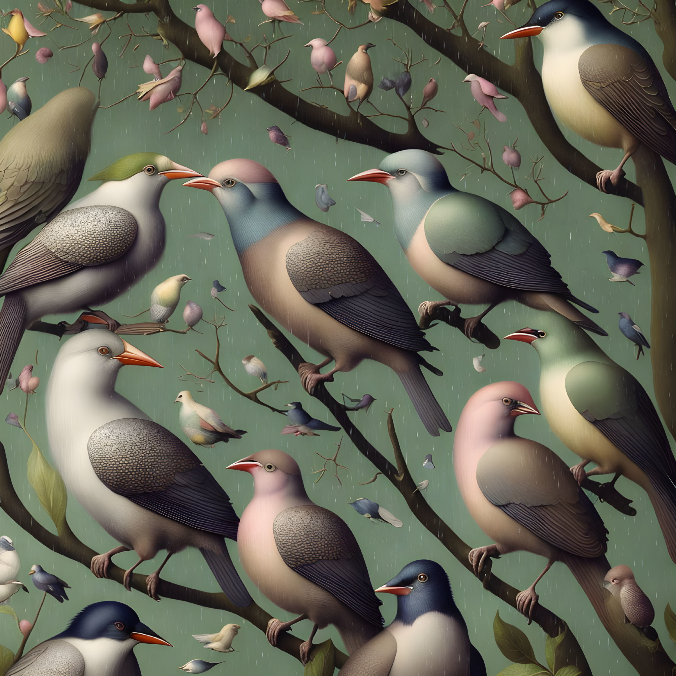 Stylized birds on branches with hyperrealistic texture