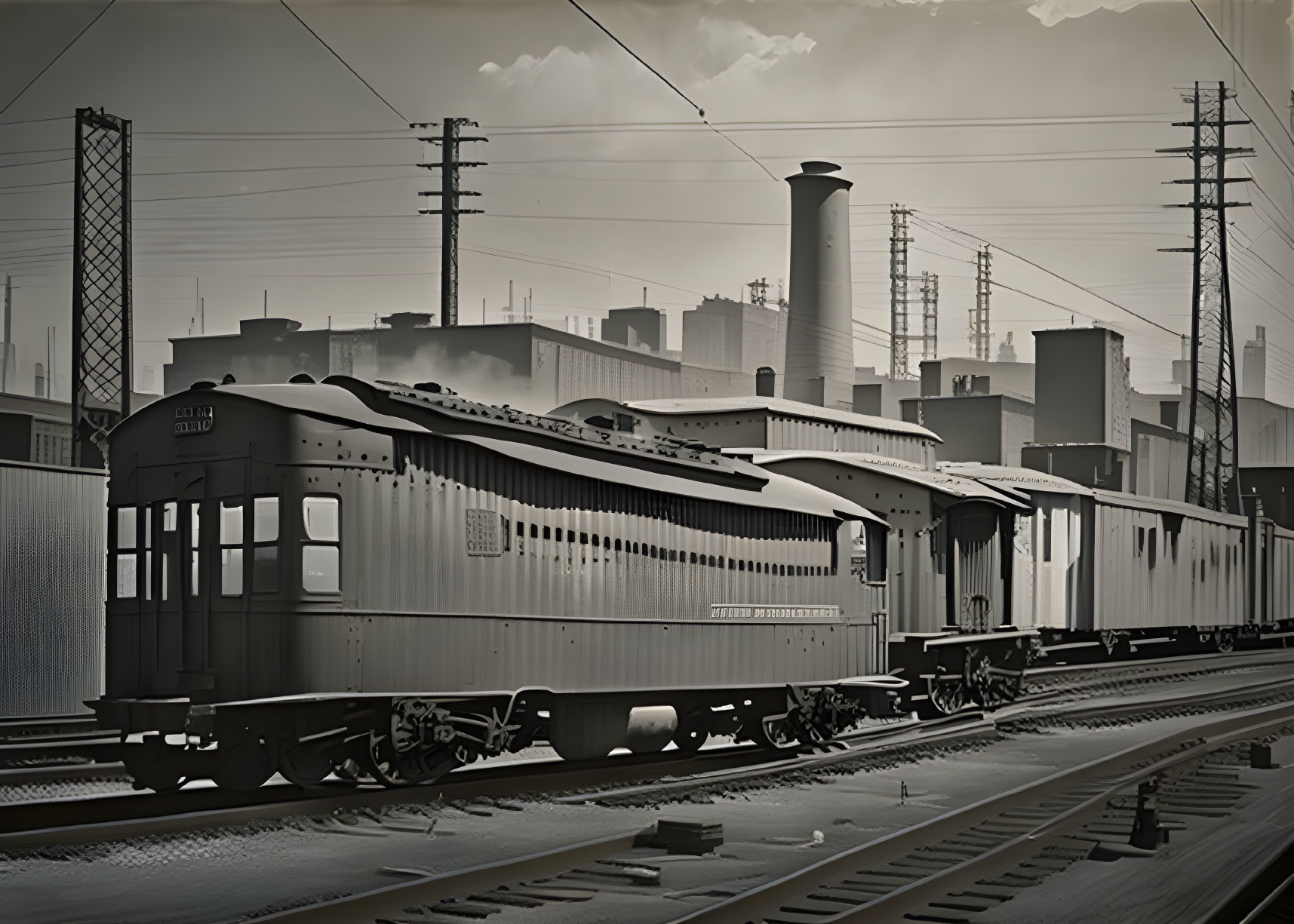 Vintage Black-and-White Image of Old-Style Passenger Train and Industrial Buildings