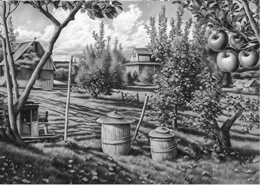 Monochrome rural landscape with apple tree, barrels, houses, and water pump