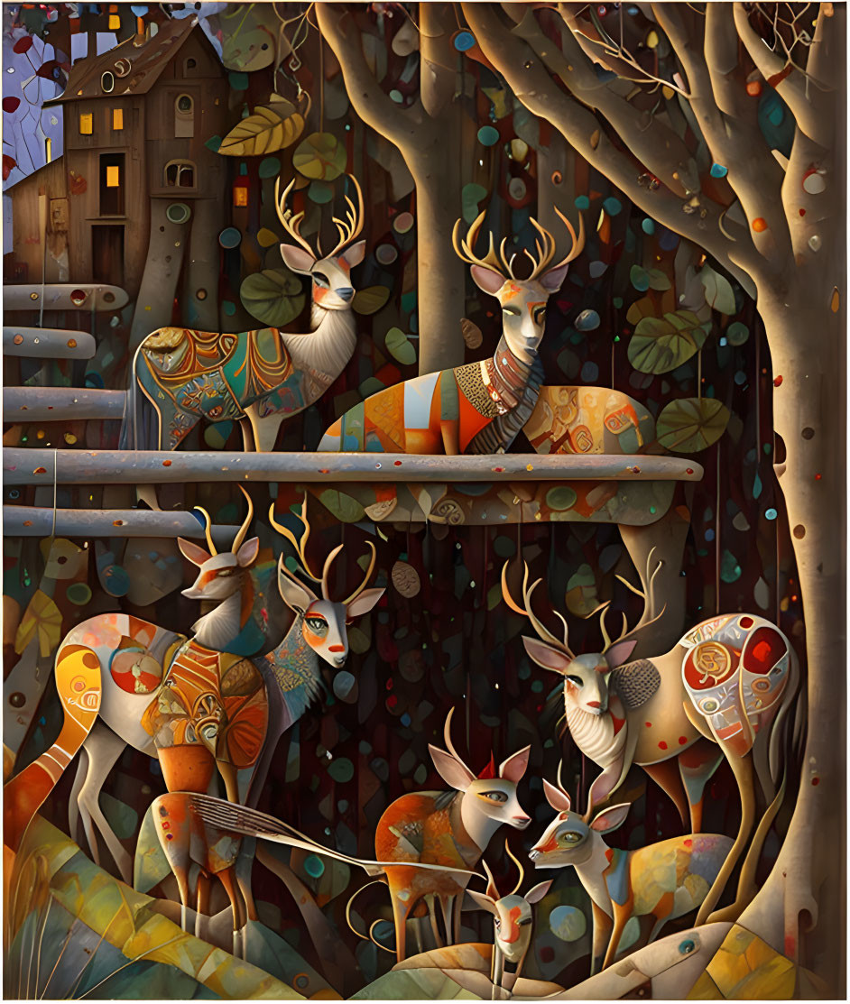 Illustration of stylized deer in enchanted forest with autumnal atmosphere