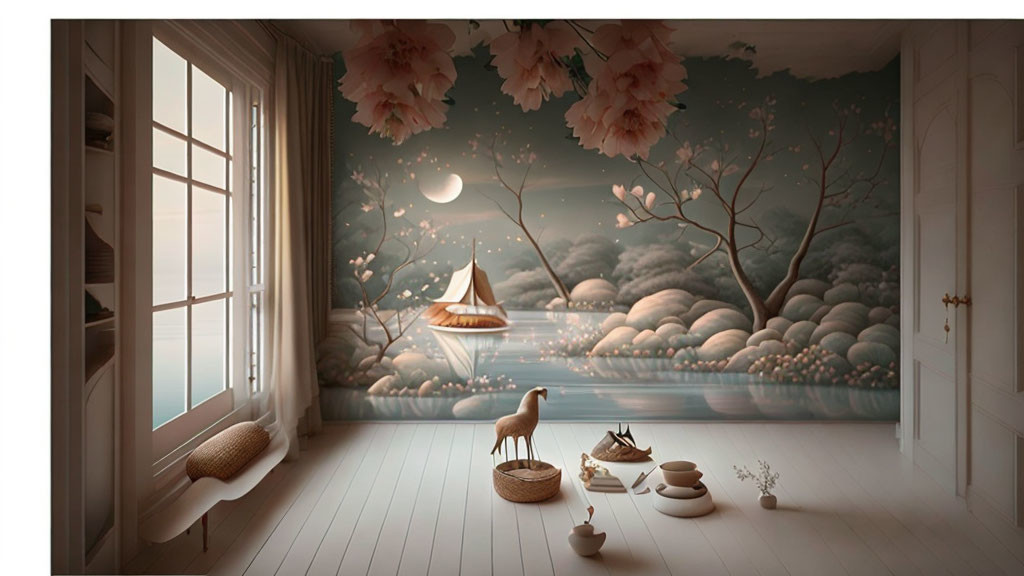 Serene lake scene wallpaper in cozy room with wicker chair