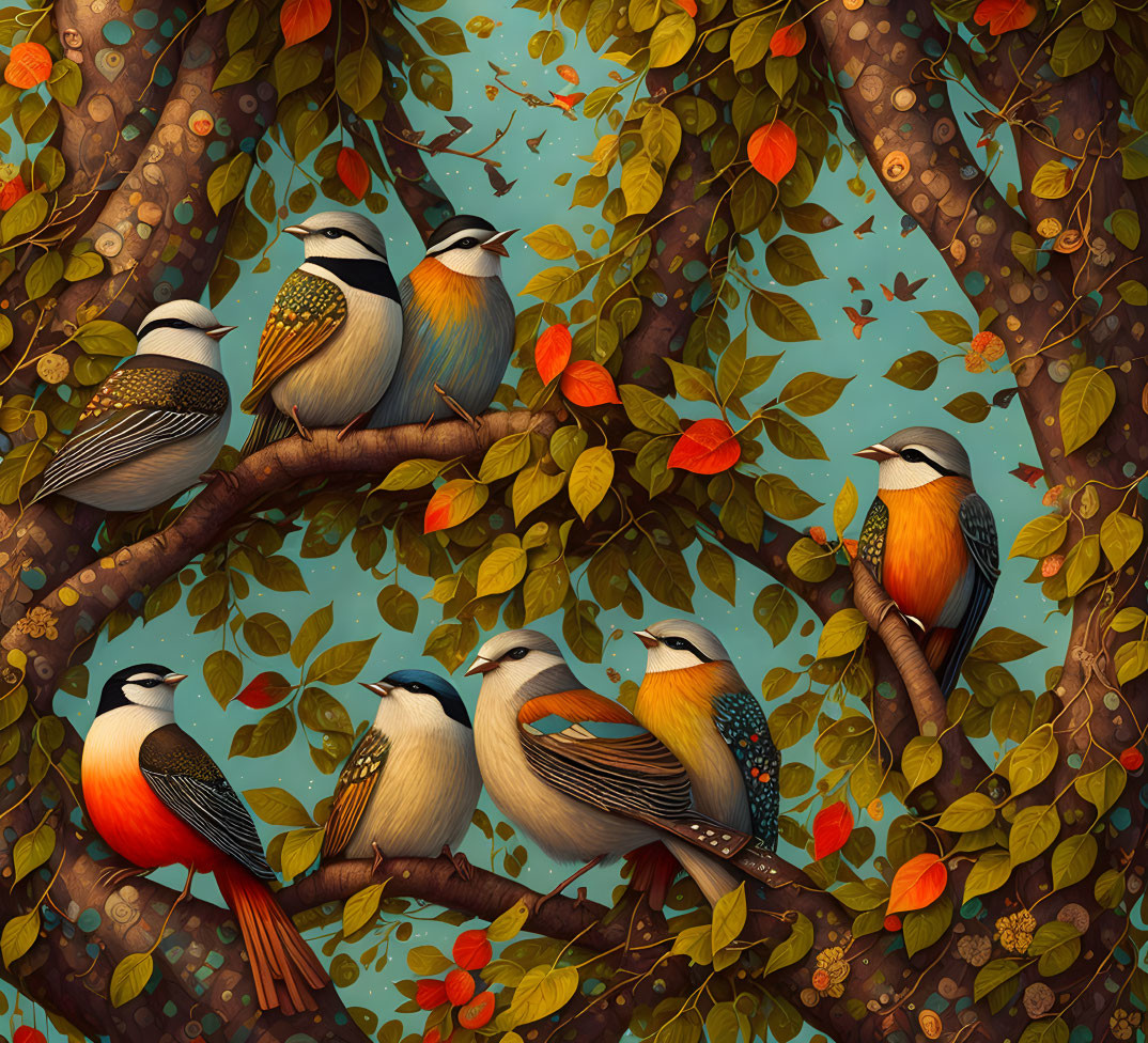 Colorful Stylized Birds on Autumn Branches with Berries and Leaves