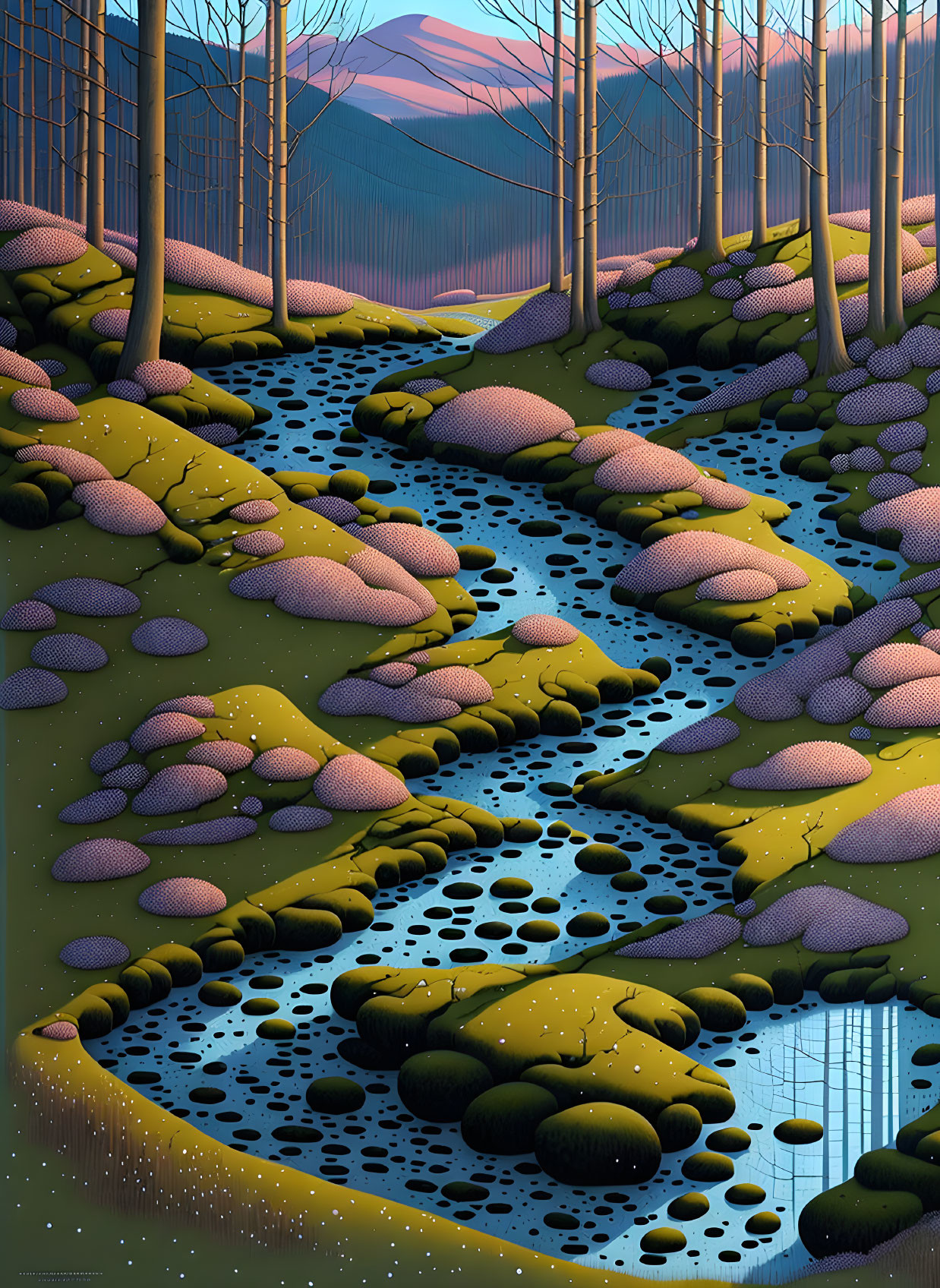 Stylized forest scene with stream, elongated trees, rounded stones, and mountain backdrop