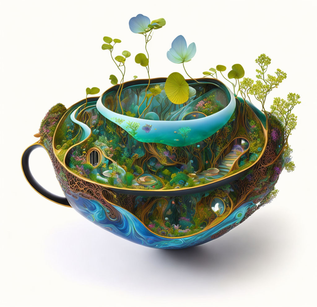 Vibrant surreal teacup illustration with ecosystem on white background