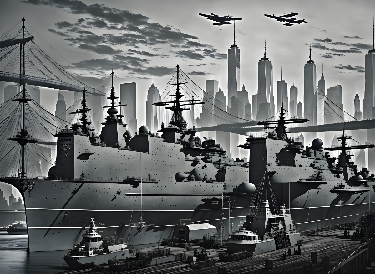 Monochromatic image of battleships in harbor with city skyline and bridges