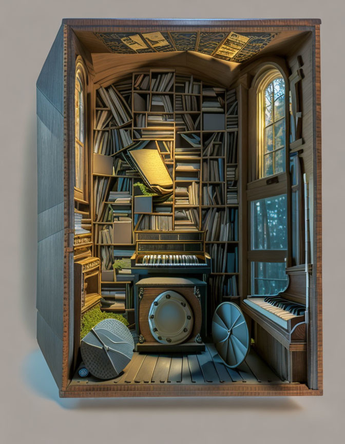 Detailed Wooden Miniature Library with Books, Staircase, Furniture, and Tree View