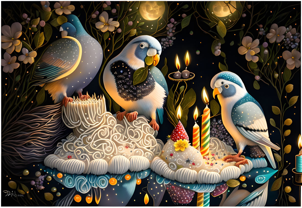 Stylized birds watching cake with candles in floral scenery