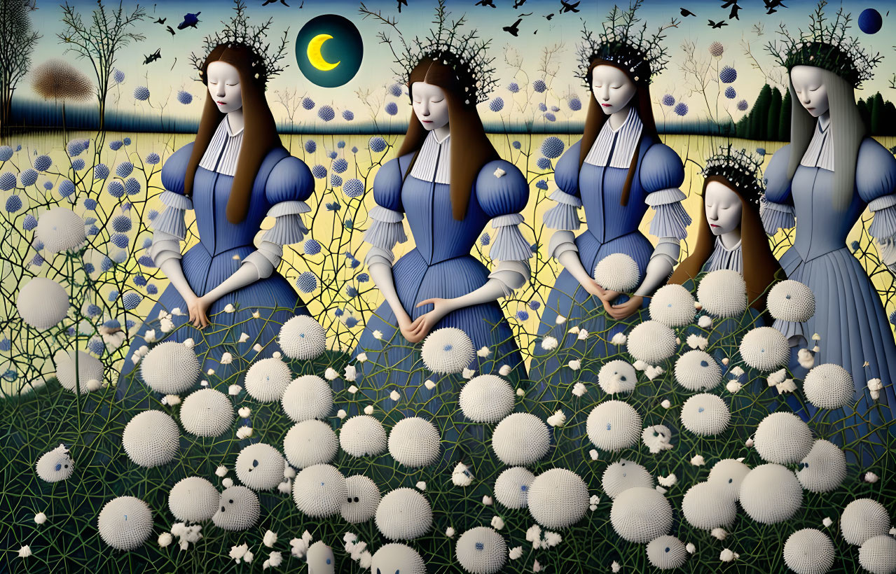 Stylized female figures in blue dresses among white flowers on segmented background.
