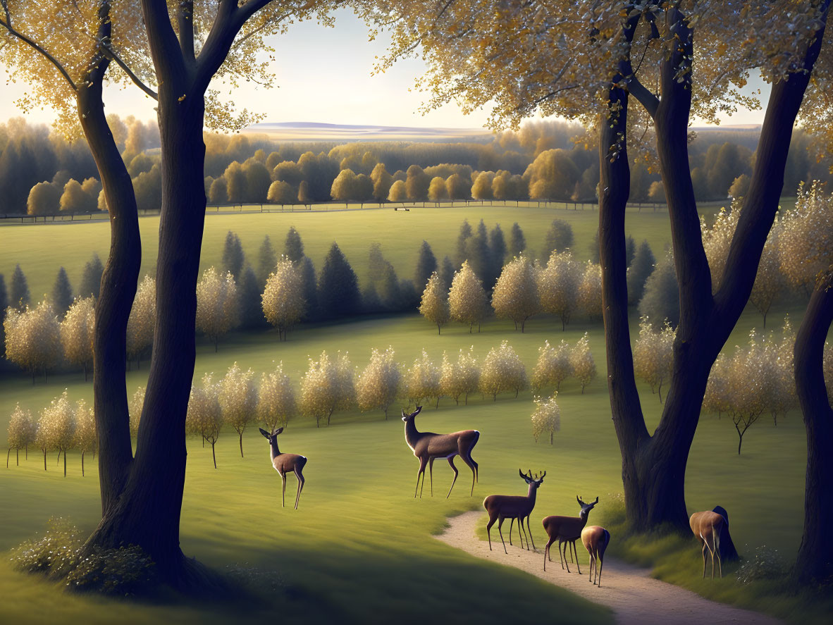 Tranquil dusk landscape with grazing deer and blooming trees