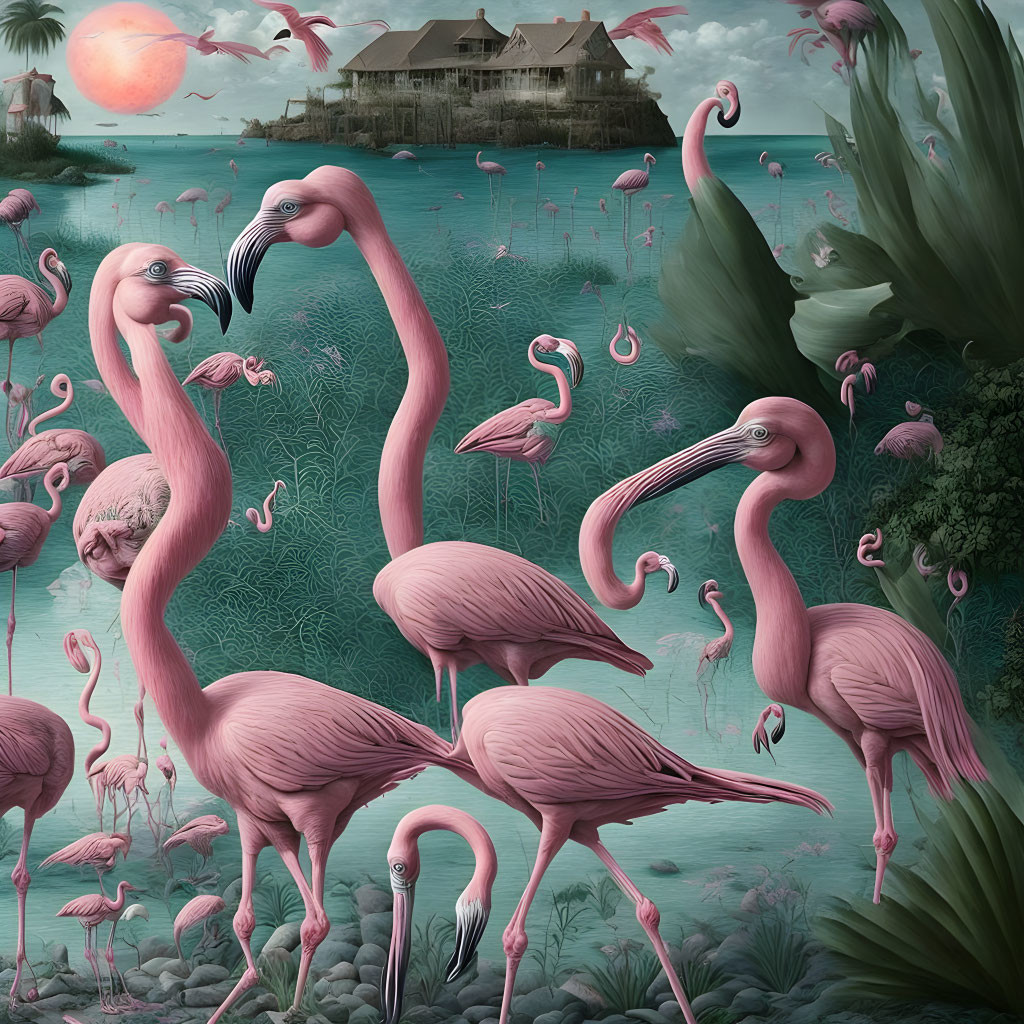 Surreal pink flamingos, stilted house, and pink sun in scene