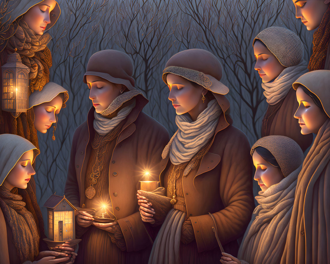 Solemn figures in warm clothing with candles and lantern in twilight forest