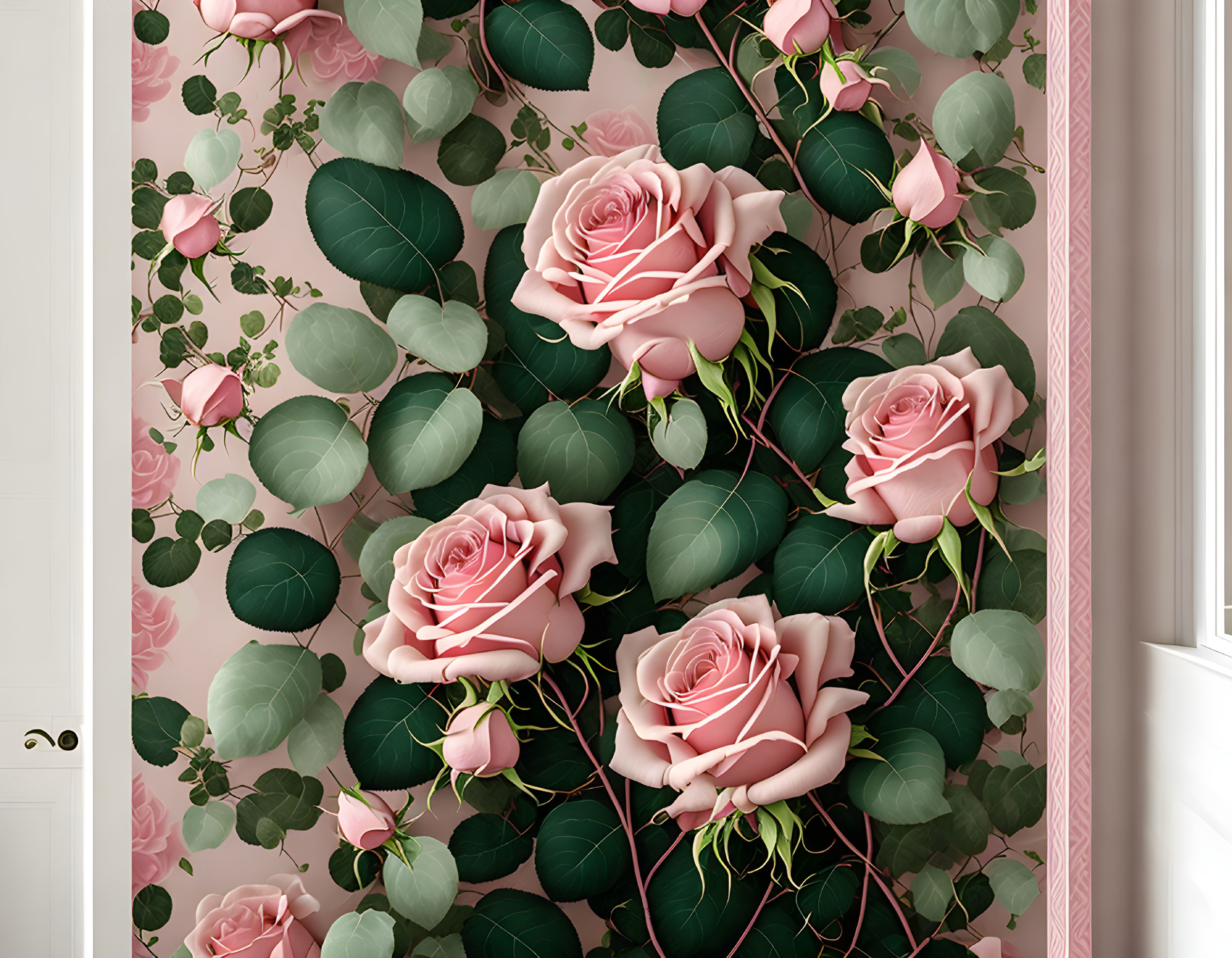 Ornate green leaf and pink rose patterned curtain on a door