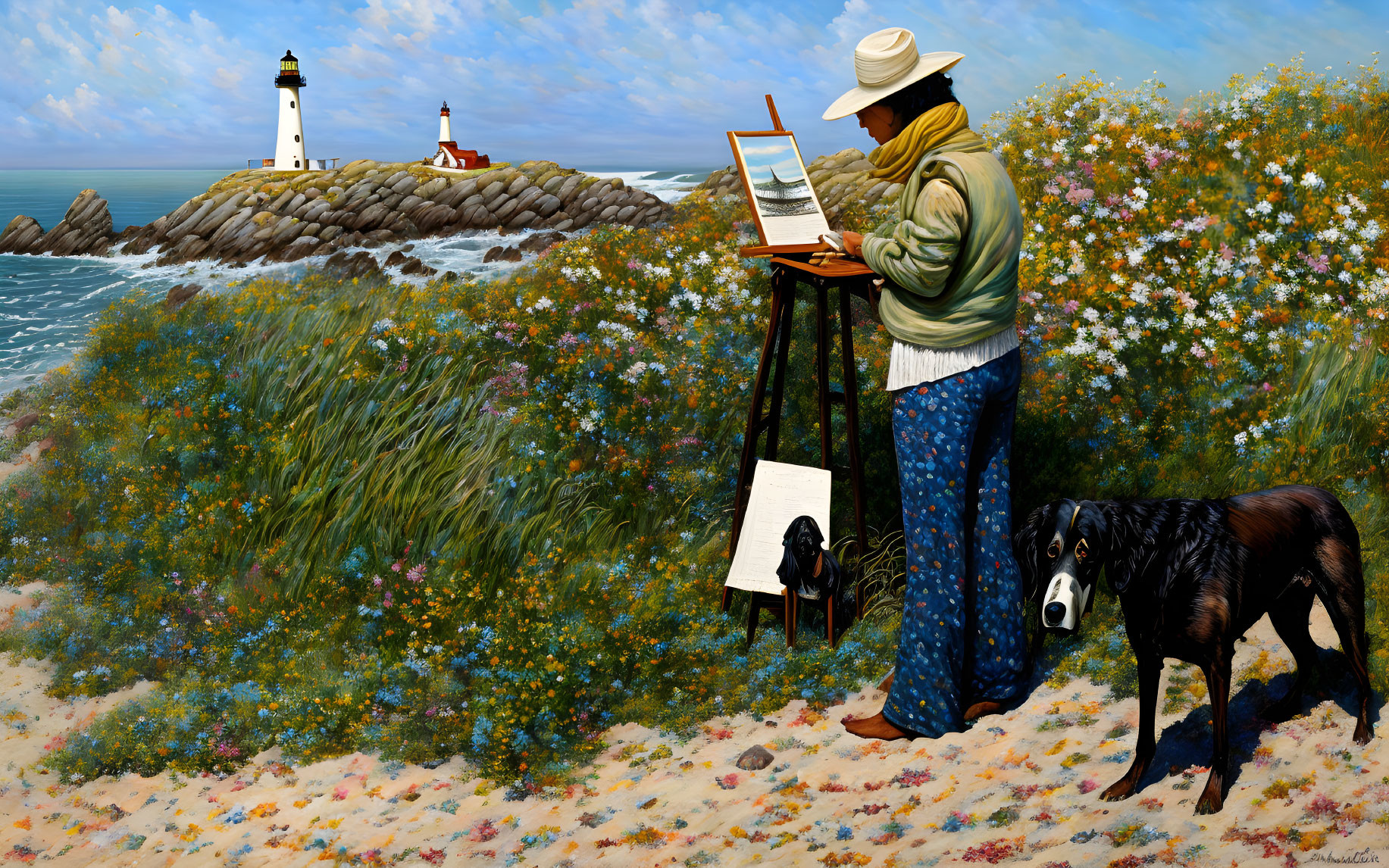 Artist painting seascape with lighthouse and dog on flowery coast