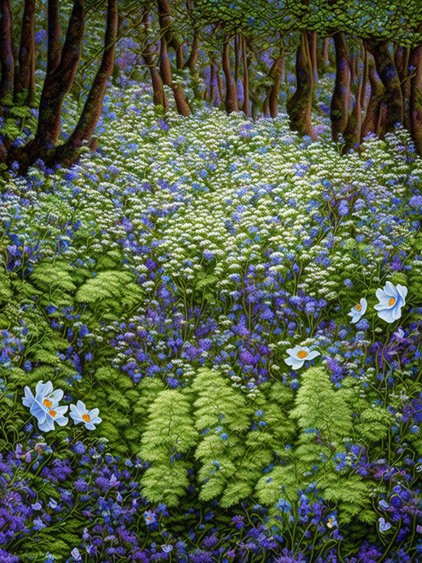 Forest Floor Covered in White and Blue Flowers Among Dark Tree Trunks
