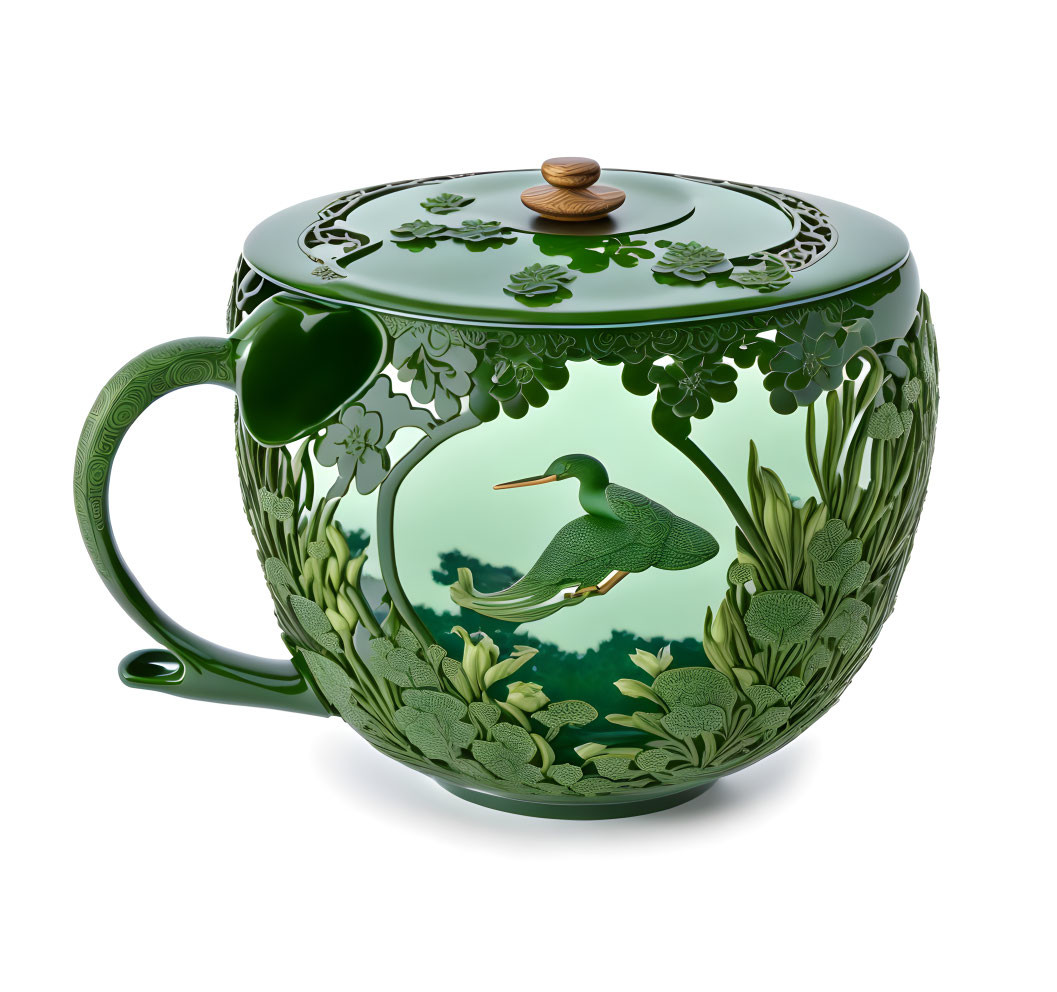 Green Teacup with Lid: Leaf Patterns & Heron Design