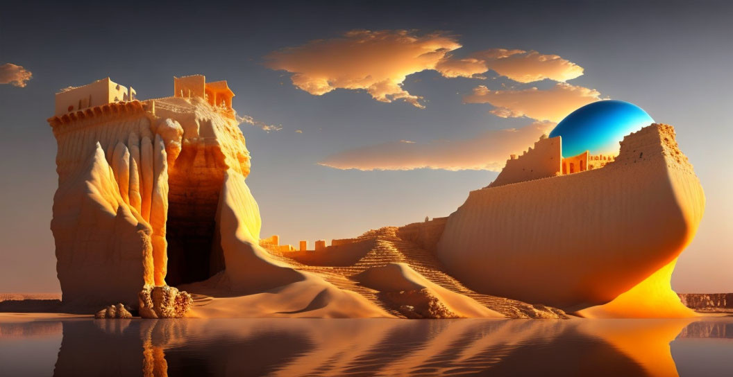 Surreal desert landscape with sandcastle ruins, staircase, reflective water, and sun.