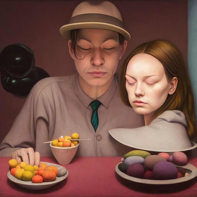 Man with Closed-Eye Woman and Colorful Fruits on Table
