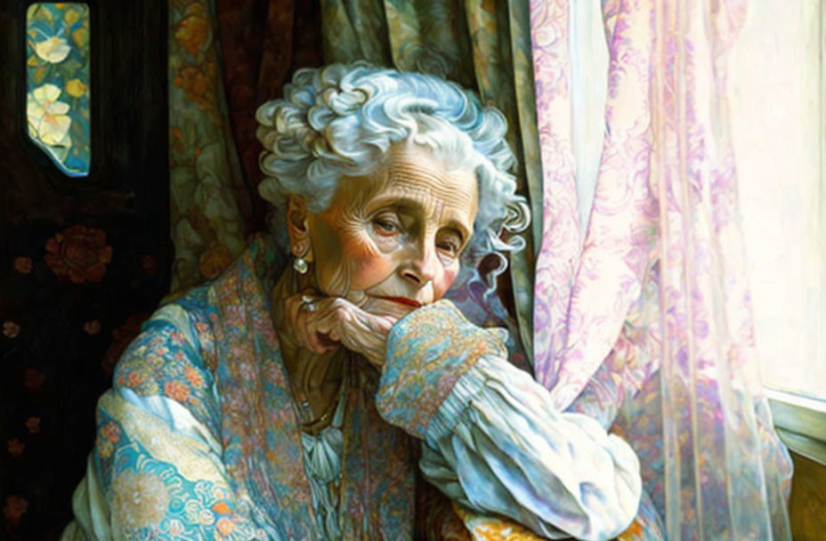 Elderly woman with gray hair gazes out window in thoughtful expression