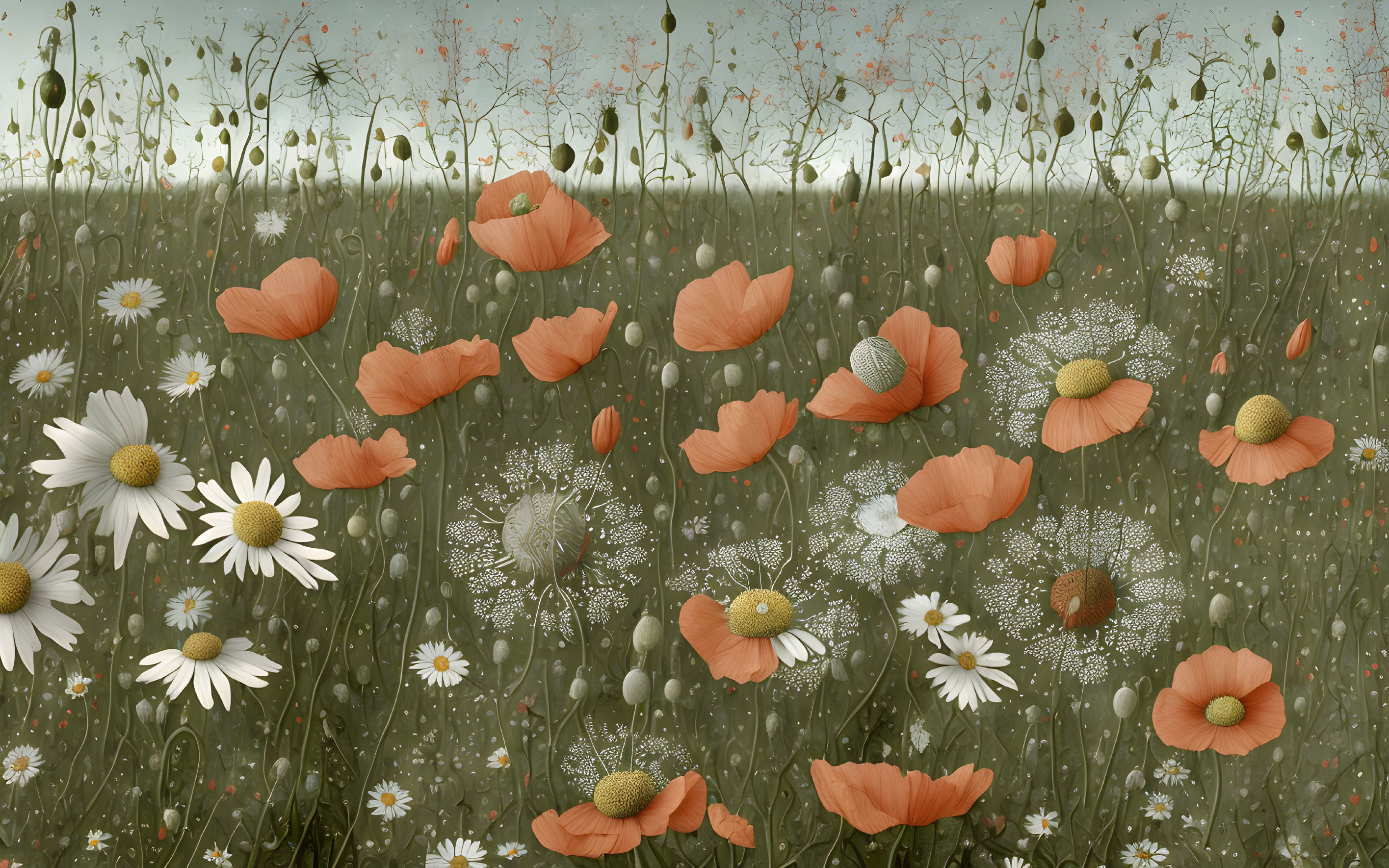 Tranquil field with red poppies, white daisies, and greenery under cloudy sky