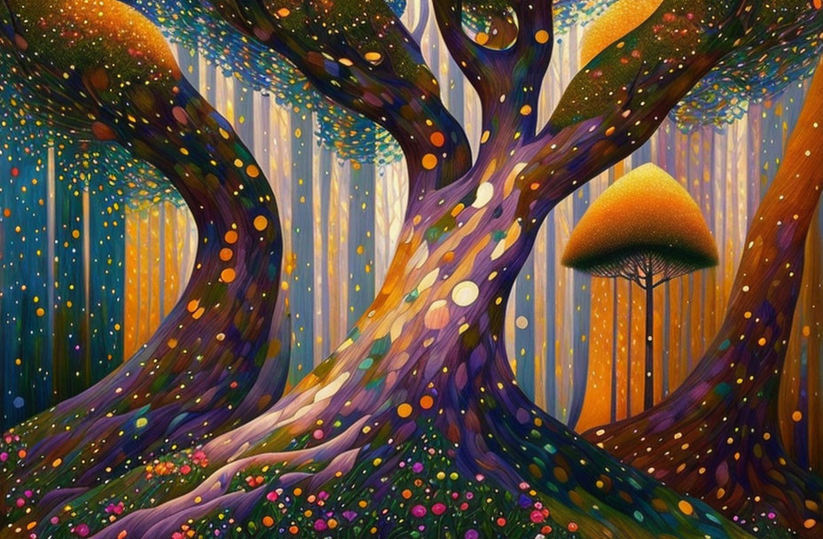 Colorful Twisted Tree Painting in Magical Forest with Light Streaks