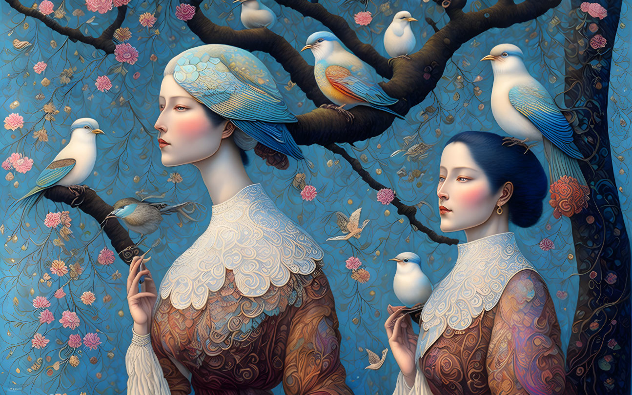 Stylized women with elaborate hairstyles in ornate attire among flourishing tree and ethereal birds against intricate