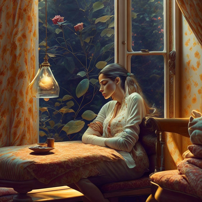 Woman Contemplating by Window with Warm Lighting and Vintage Decor