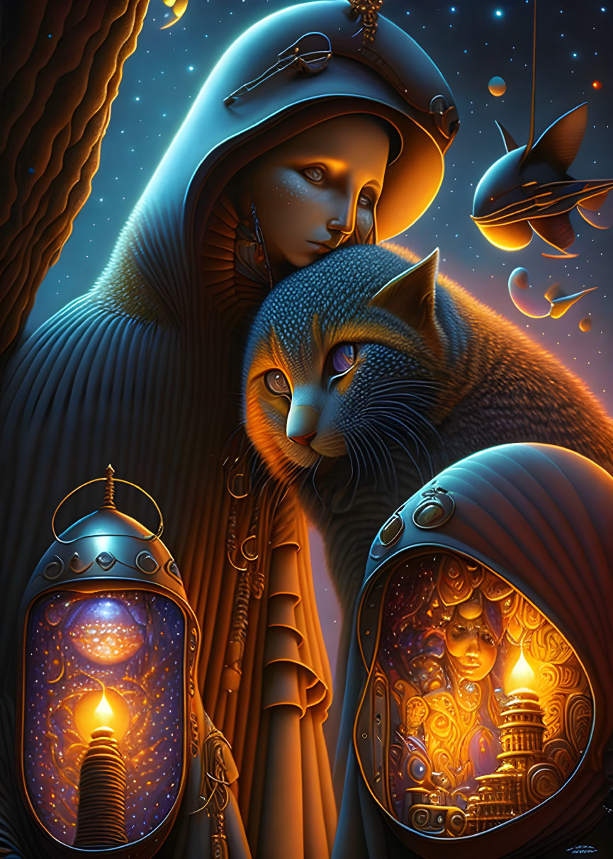 Robed Figure, Large Cat, Floating Fish, Lanterns in Mystical Artwork