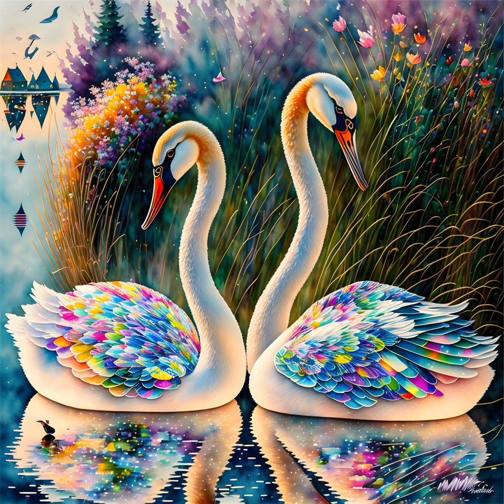 Colorful Stylized Swans in Vibrant Plumage on Reflective Water