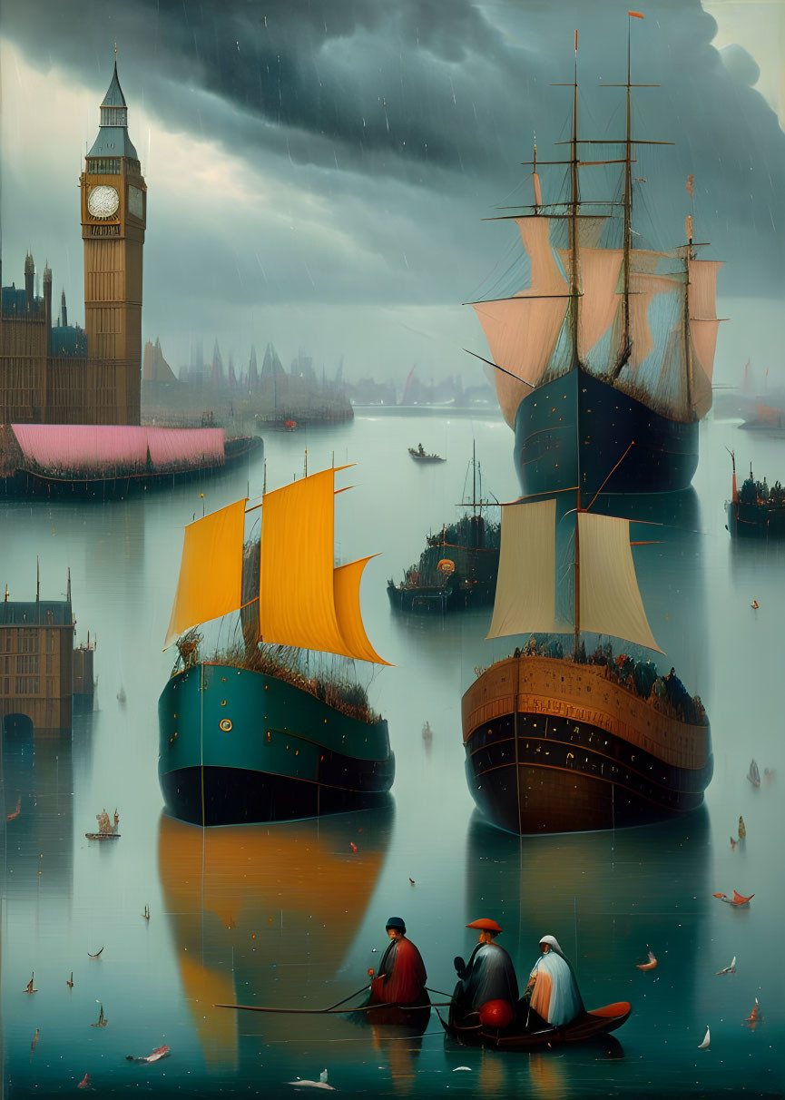 Surreal oversized ships on Thames river with large-scale Big Ben and tiny figures under rainy sky
